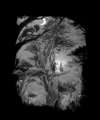 People gathered on large tree branch at night under crescent moon, by Rino Pelli