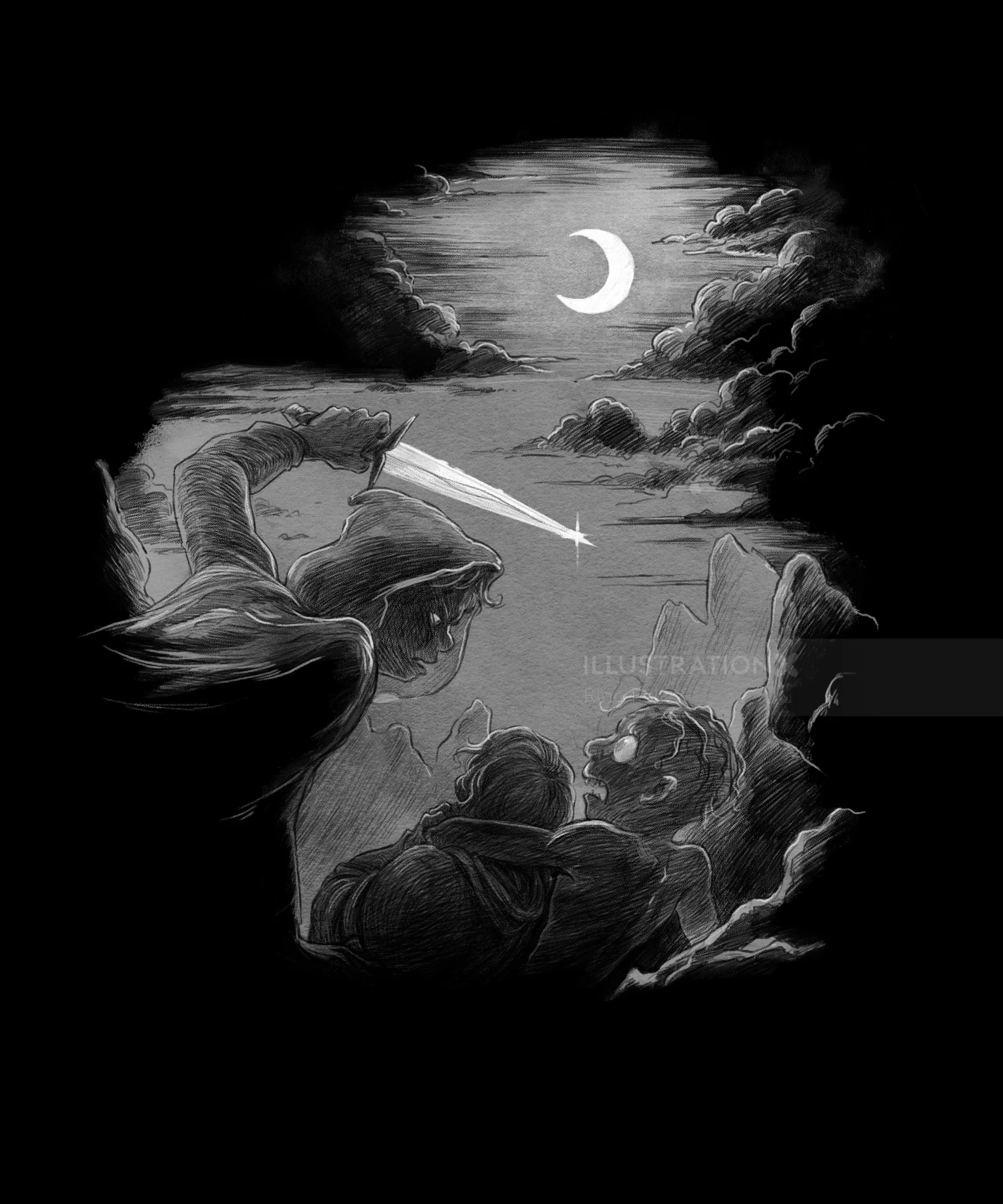 Three figures observing meteor under crescent moon at night by Rino Pelli