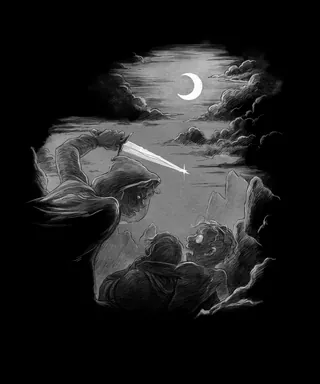 Three figures observing meteor under crescent moon at night by Rino Pelli