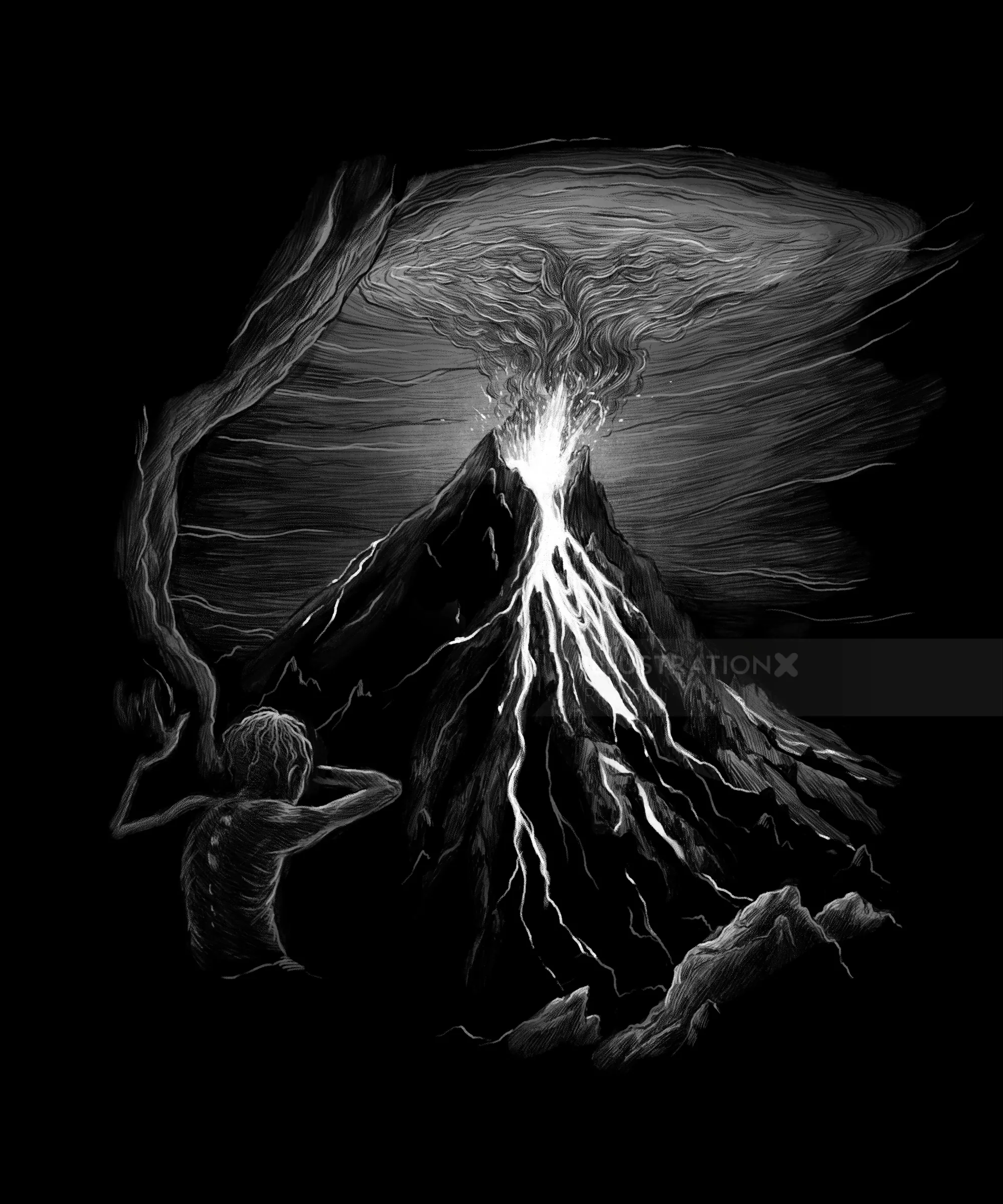 Child watching erupting volcano with lava and smoke, artwork by Rino Pelli