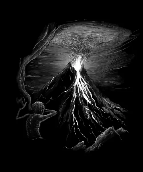 Child watching erupting volcano with lava and smoke, artwork by Rino Pelli
