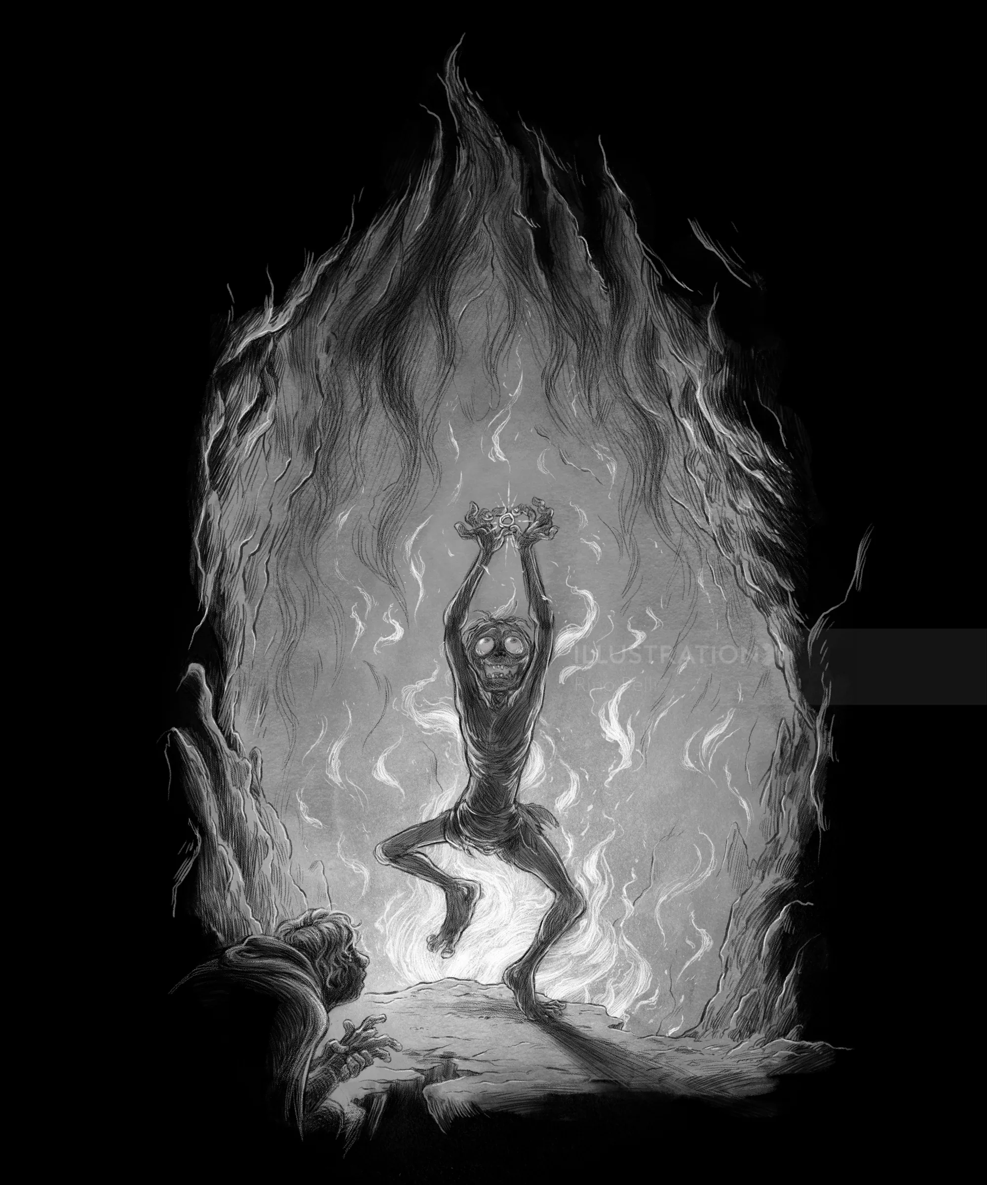 Monochrome artwork of a figure holding an object engulfed in flames by Rino Pelli