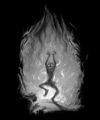 Monochrome artwork of a figure holding an object engulfed in flames by Rino Pelli