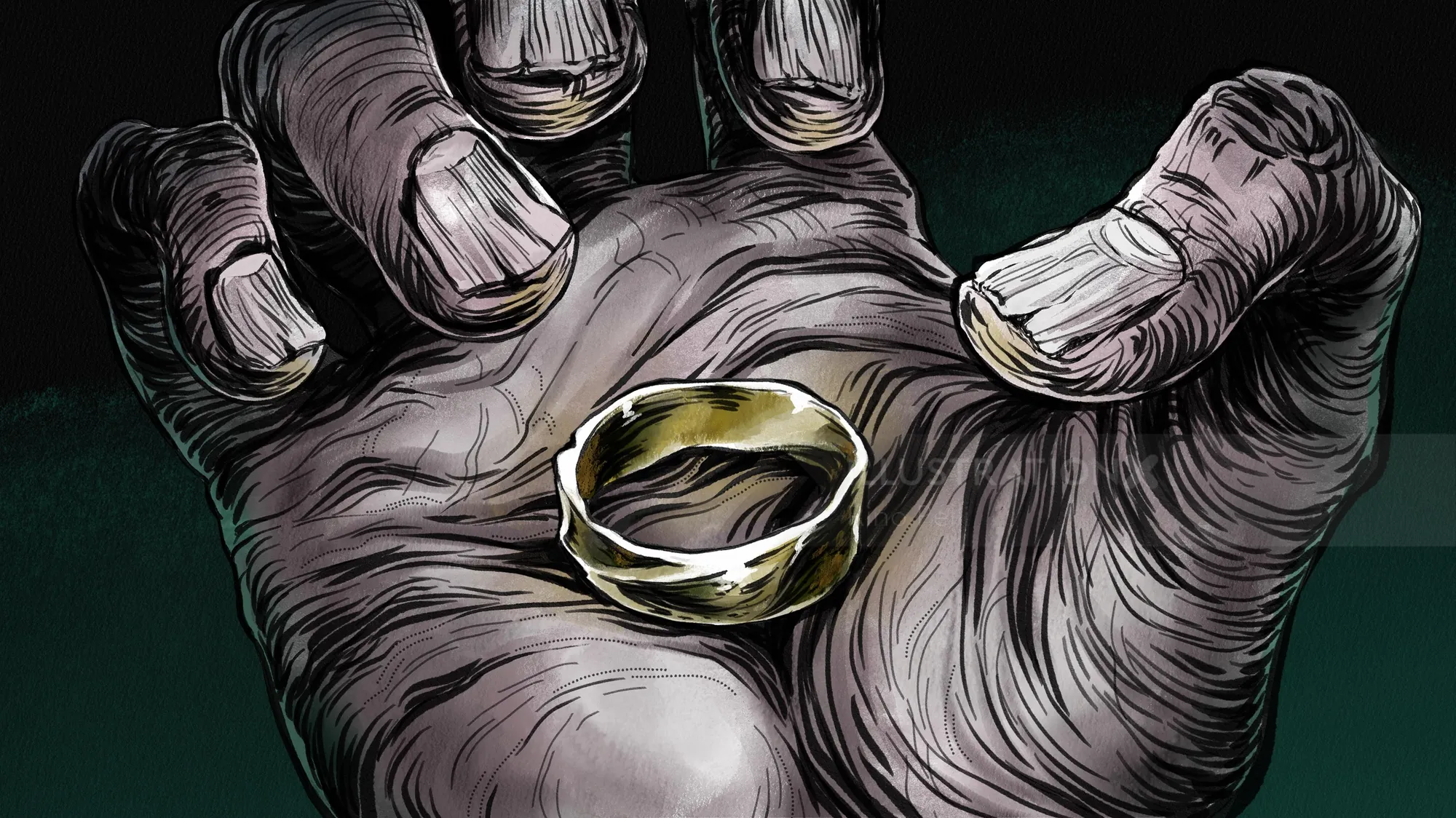 Detailed hand holding a gold ring illustration by Rino Pelli