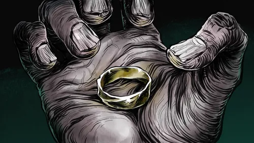 Detailed hand holding a gold ring illustration by Rino Pelli