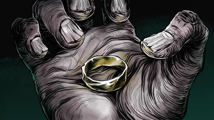 Detailed hand holding a gold ring illustration by Rino Pelli