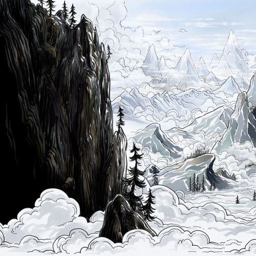 Mountain landscape with mist, pine trees, and rocky peaks by Rino Pelli