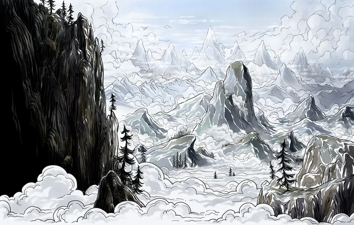 Mountain landscape with mist, pine trees, and rocky peaks by Rino Pelli