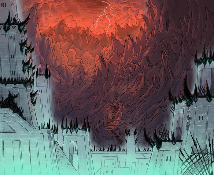 Fiery mountain landscape with dark castles by Rino Pelli