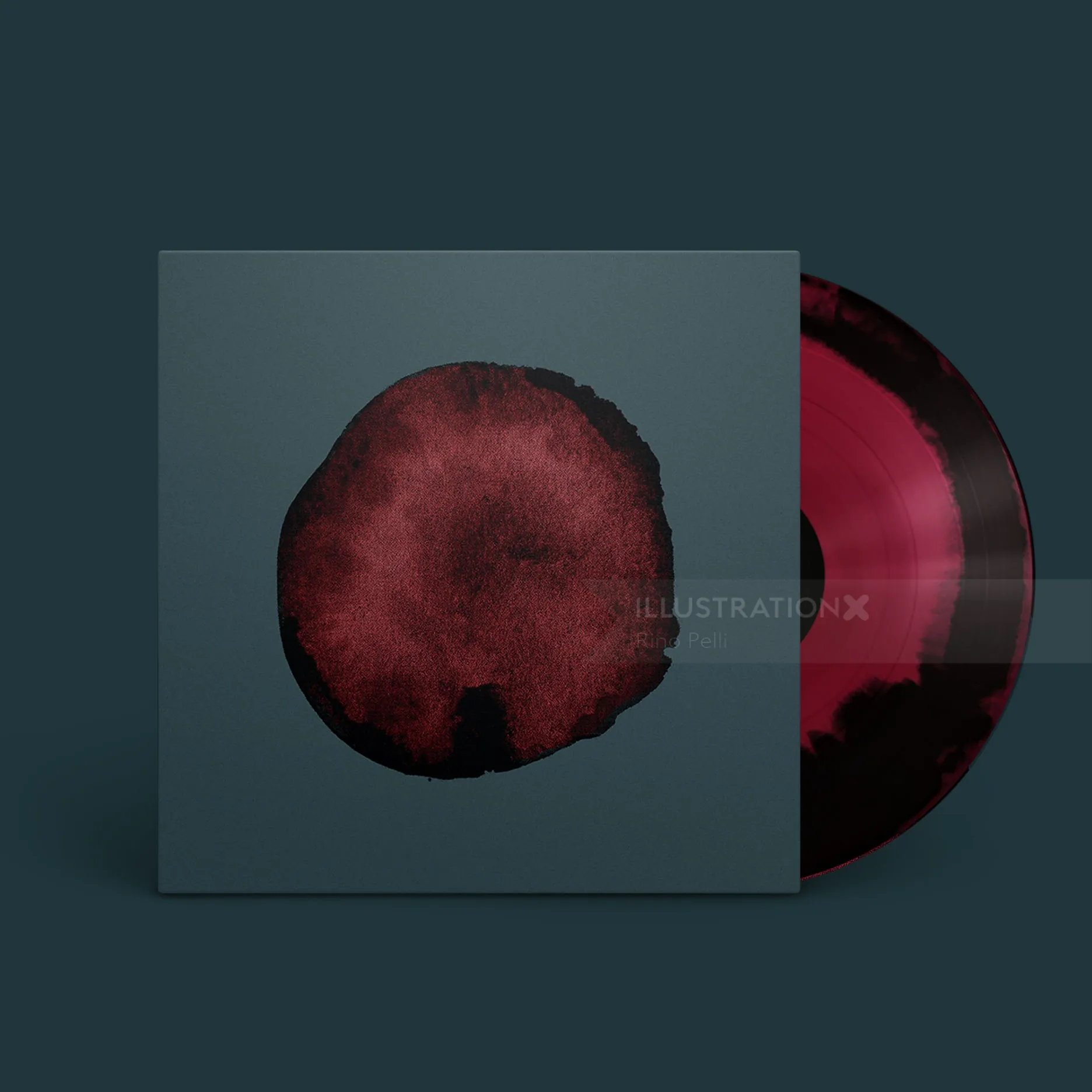Vinyl record with a dark red circular abstract design on cover by Rino Pelli