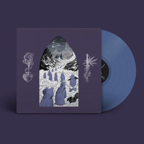 Hooded figures in snowy mountain scene, artwork by Rino Pelli