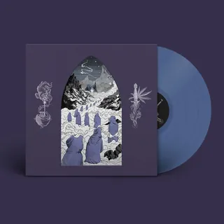 Hooded figures in snowy mountain scene, artwork by Rino Pelli