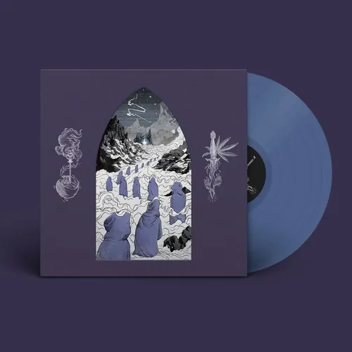 Hooded figures in snowy mountain scene, artwork by Rino Pelli