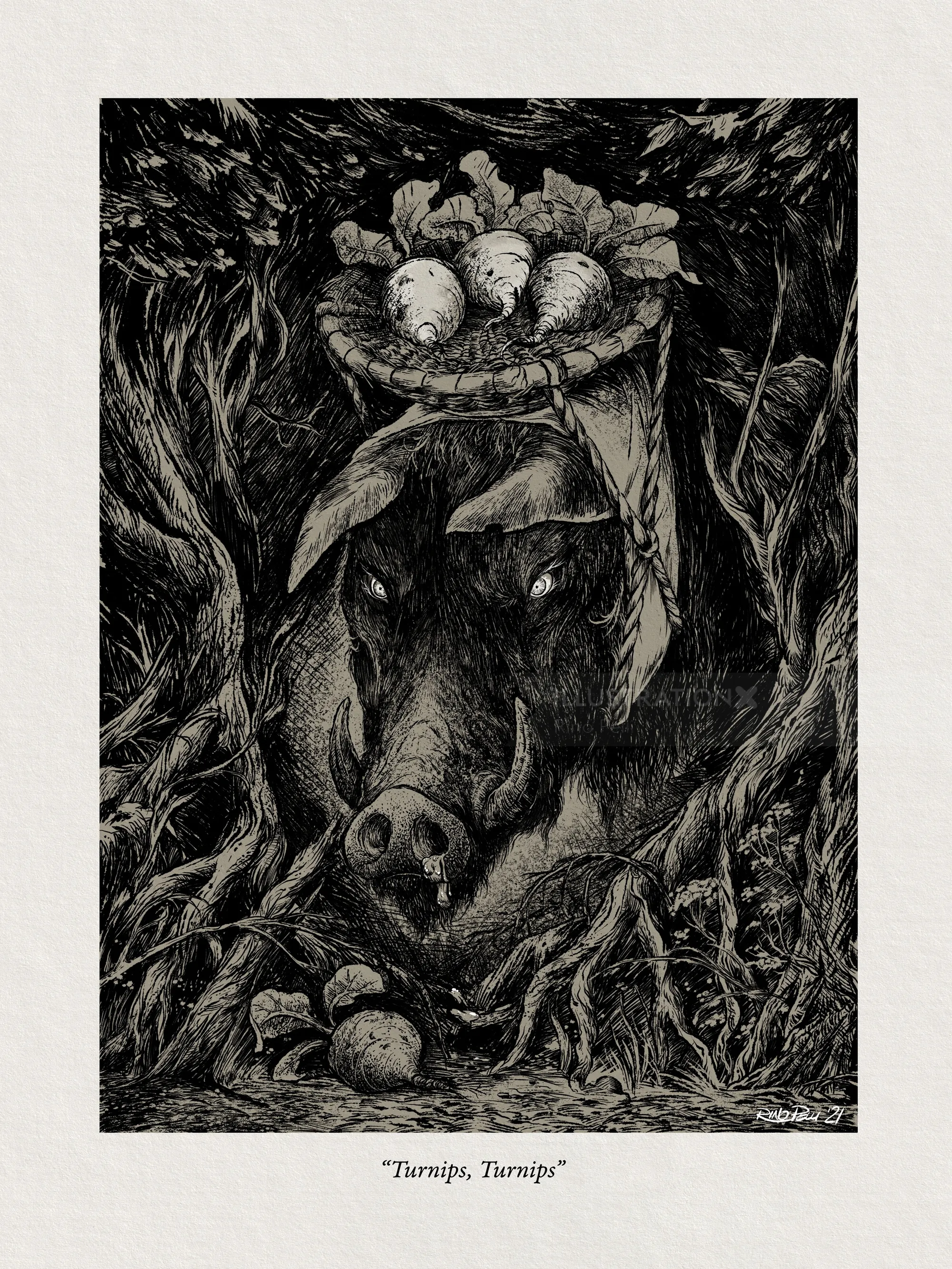 Detailed drawing of a boar with basket of mushrooms in forest by Rino Pelli