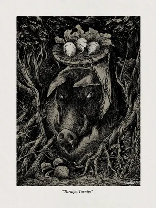 Detailed drawing of a boar with basket of mushrooms in forest by Rino Pelli