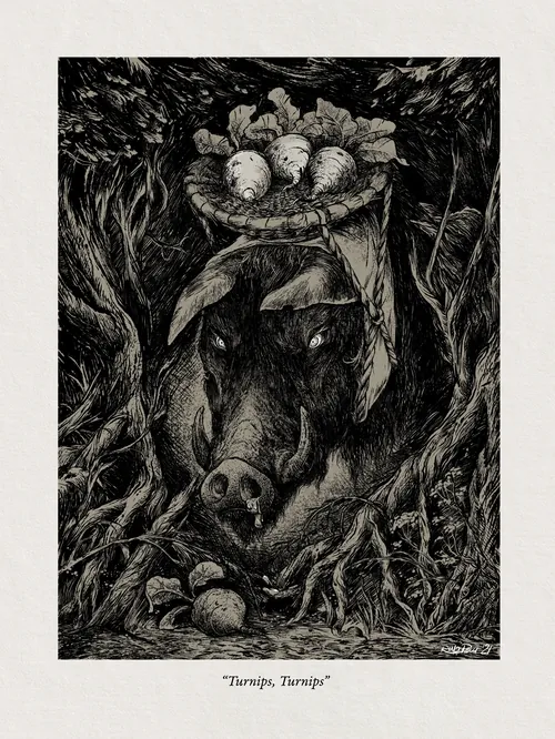 Detailed drawing of a boar with basket of mushrooms in forest by Rino Pelli