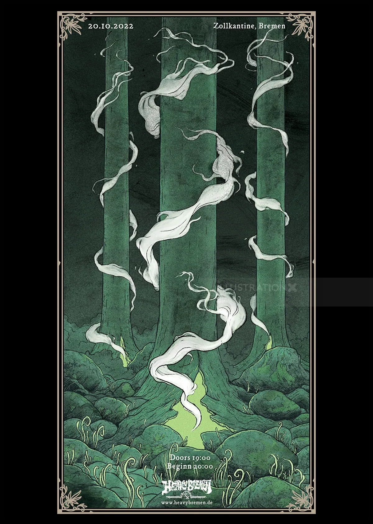 Ethereal white figures float between tall green forest columns illustration by Rino Pelli