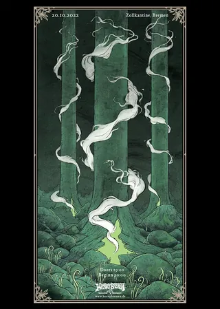 Ethereal white figures float between tall green forest columns illustration by Rino Pelli