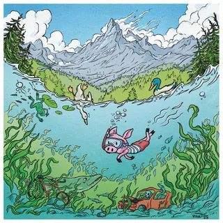 Diver in mountain lake surrounded by fish, dog, duck, and mountain, by Rino Pelli