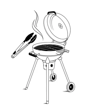 Charcoal kettle grill with open lid and tongs beside it