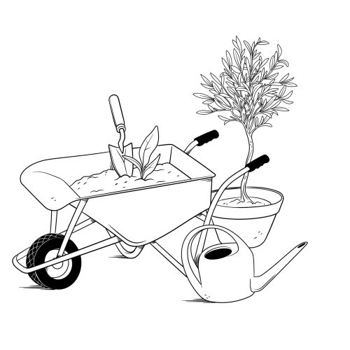 Gardening tools with wheelbarrow, shovel, watering can, and a potted plant illustration