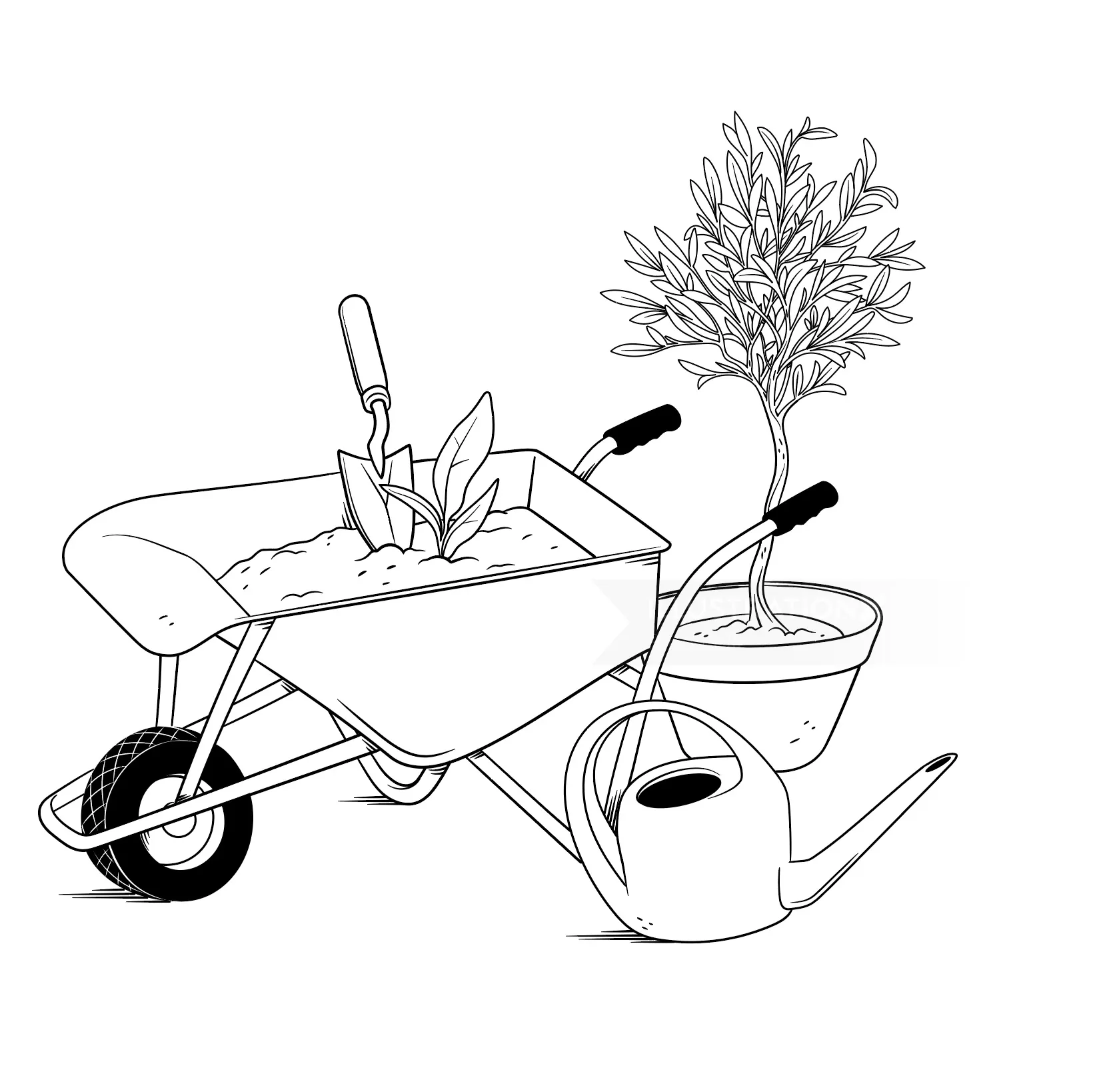 Gardening tools with wheelbarrow, shovel, watering can, and a potted plant illustration