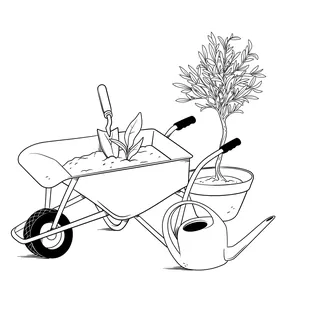 Gardening tools with wheelbarrow, shovel, watering can, and a potted plant illustration