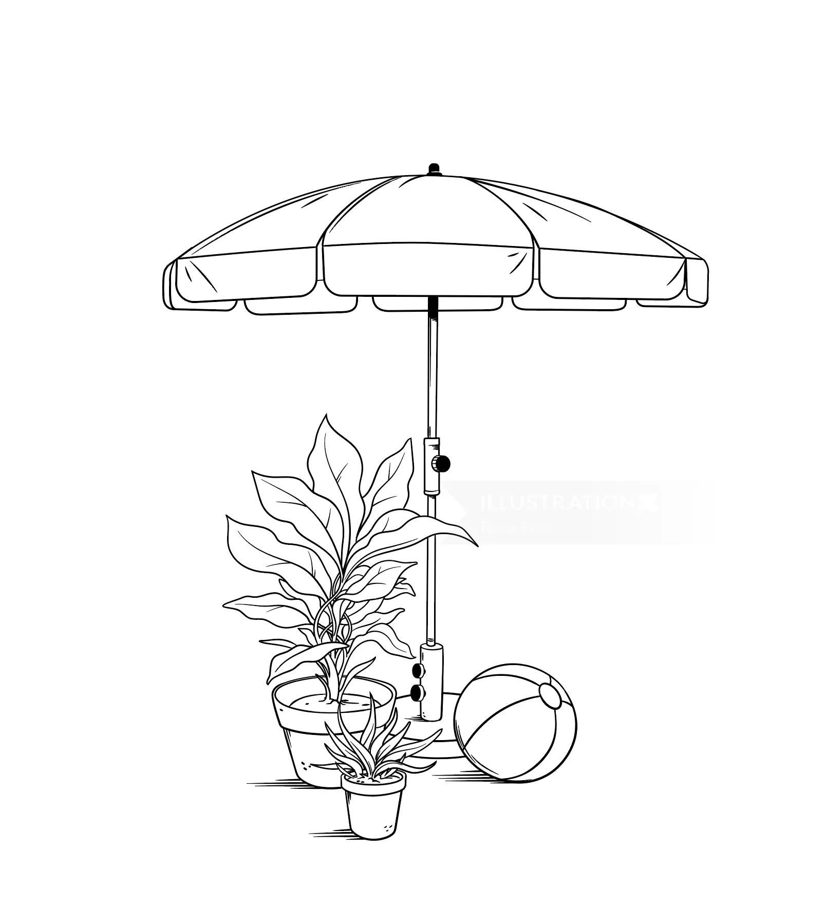 Line art of beach umbrella, two plants in pots, and a beach ball.