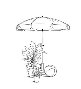 Line art of beach umbrella, two plants in pots, and a beach ball.