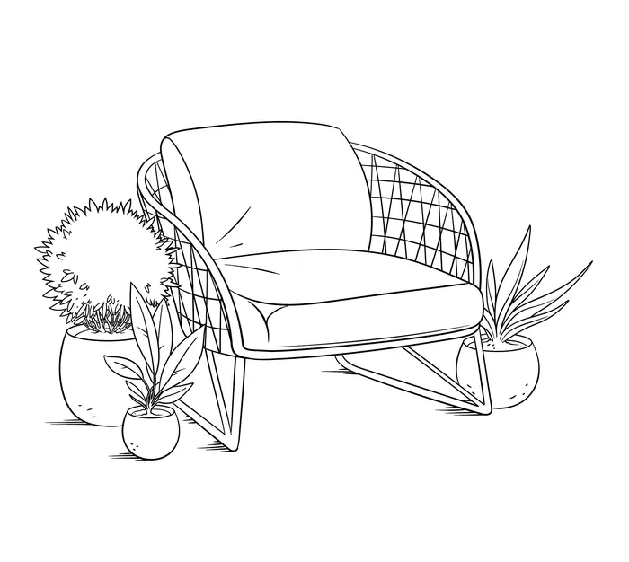 Black and white drawing of a chair with cushions and surrounding plants