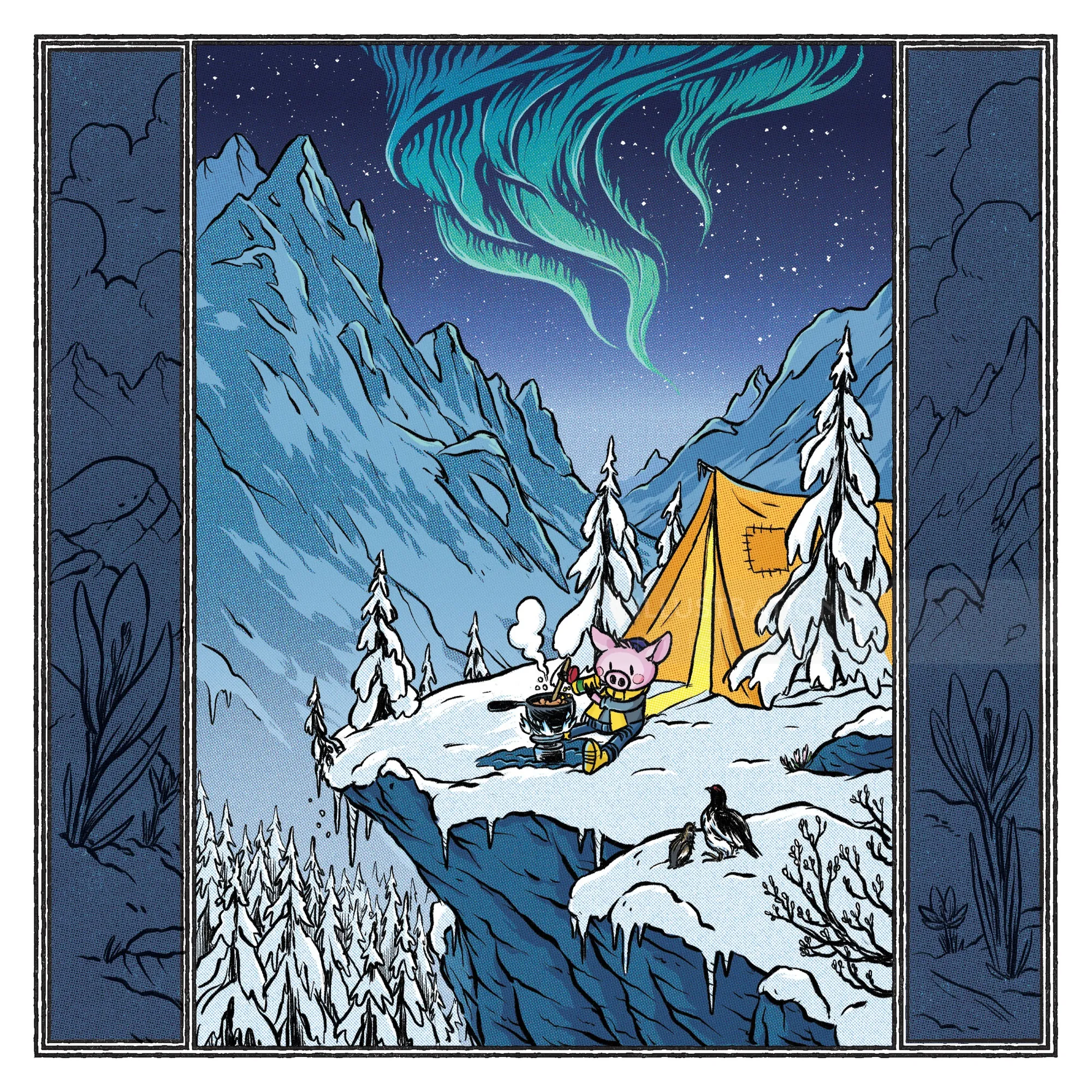 Character camping on snowy cliff with mountains and northern lights at night
