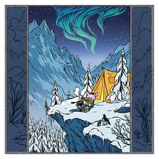 Character camping on snowy cliff with mountains and northern lights at night