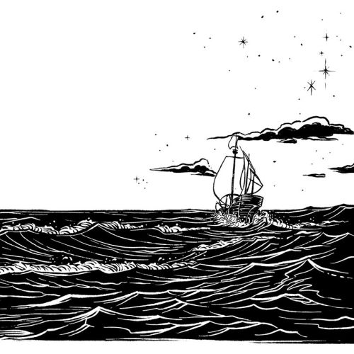 Sailing ship on ocean waves under moon and stars in black and white