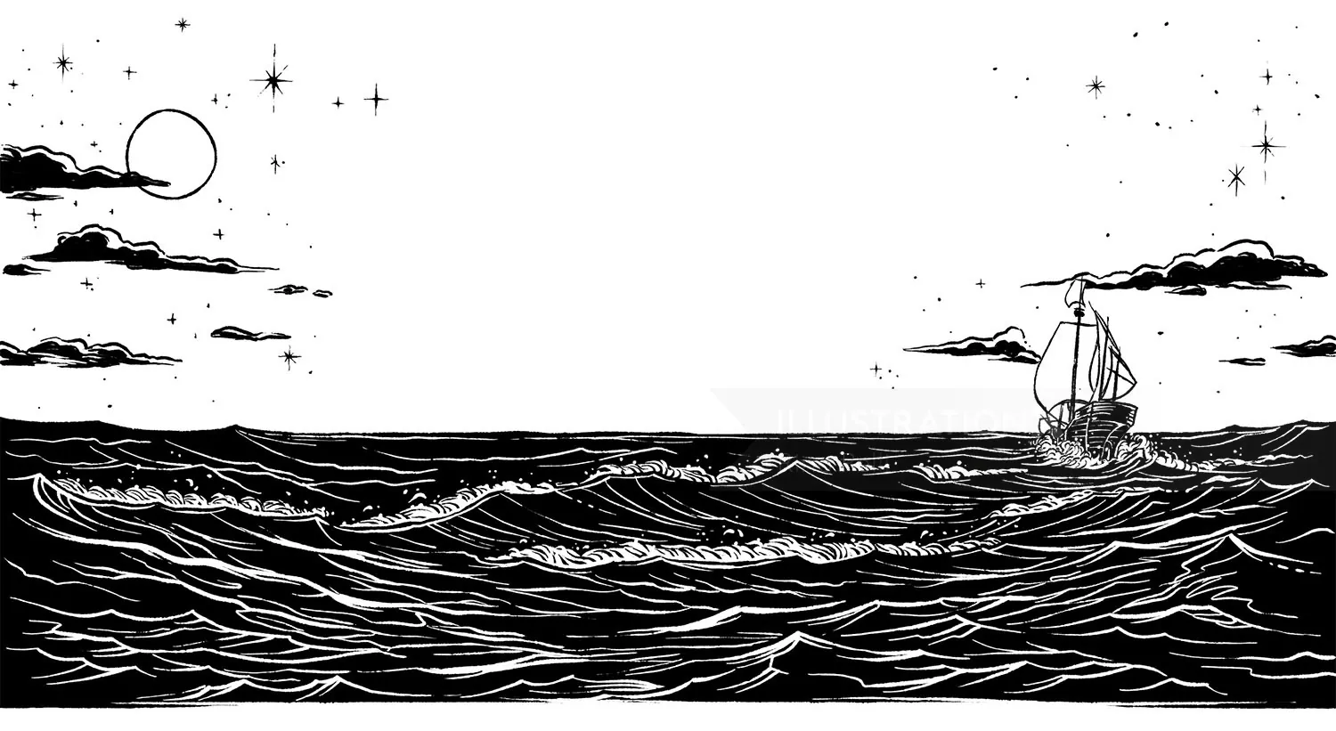 Sailing ship on ocean waves under moon and stars in black and white
