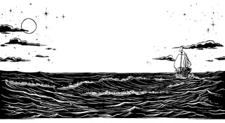 Sailing ship on ocean waves under moon and stars in black and white