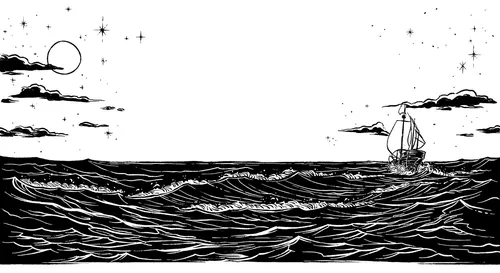 Sailing ship on ocean waves under moon and stars in black and white