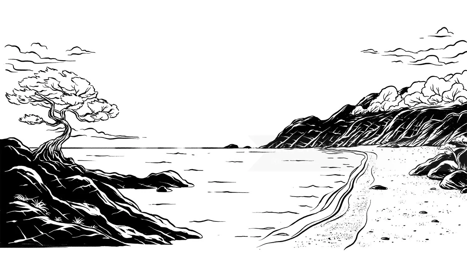 Monochrome drawing of a coastal scene with a tree and hills