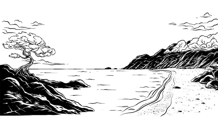 Monochrome drawing of a coastal scene with a tree and hills
