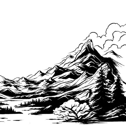 Monochrome illustration of mountains, trees, and river landscape