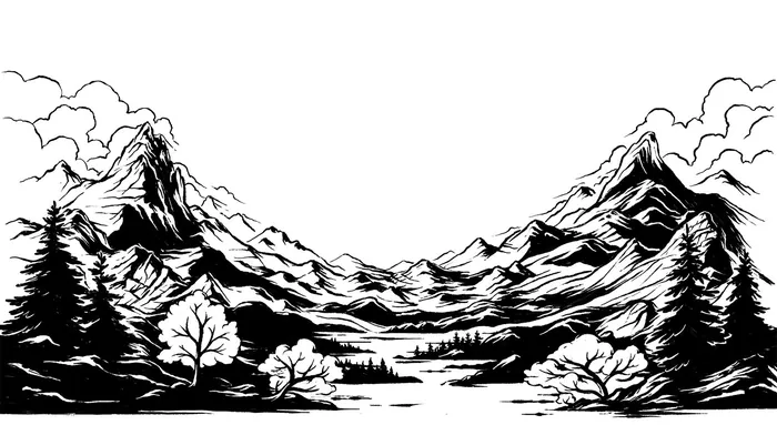 Monochrome illustration of mountains, trees, and river landscape