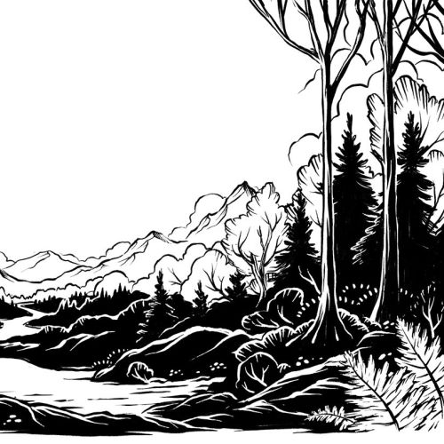 Monochrome landscape with river, trees, and mountains in the distance
