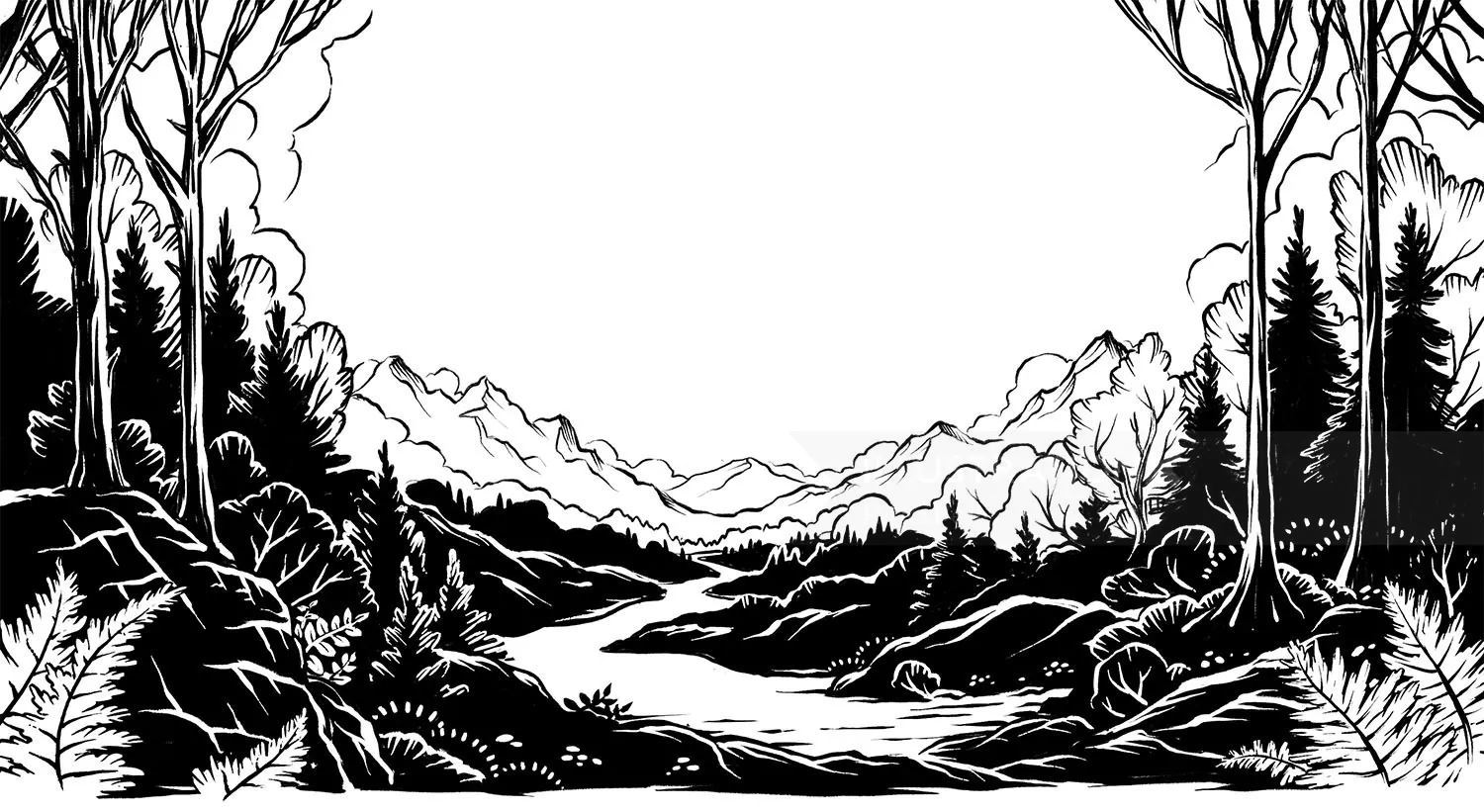 Monochrome landscape with river, trees, and mountains in the distance