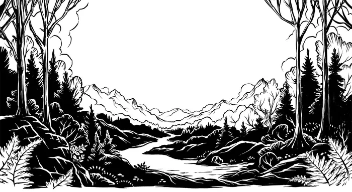 Monochrome landscape with river, trees, and mountains in the distance