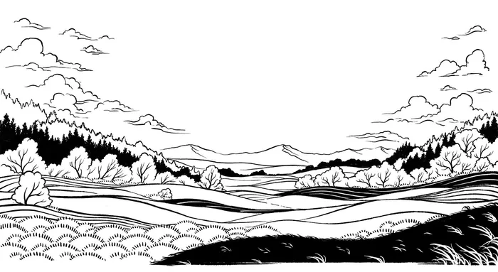 Ink drawing of rolling hills and trees in black and white