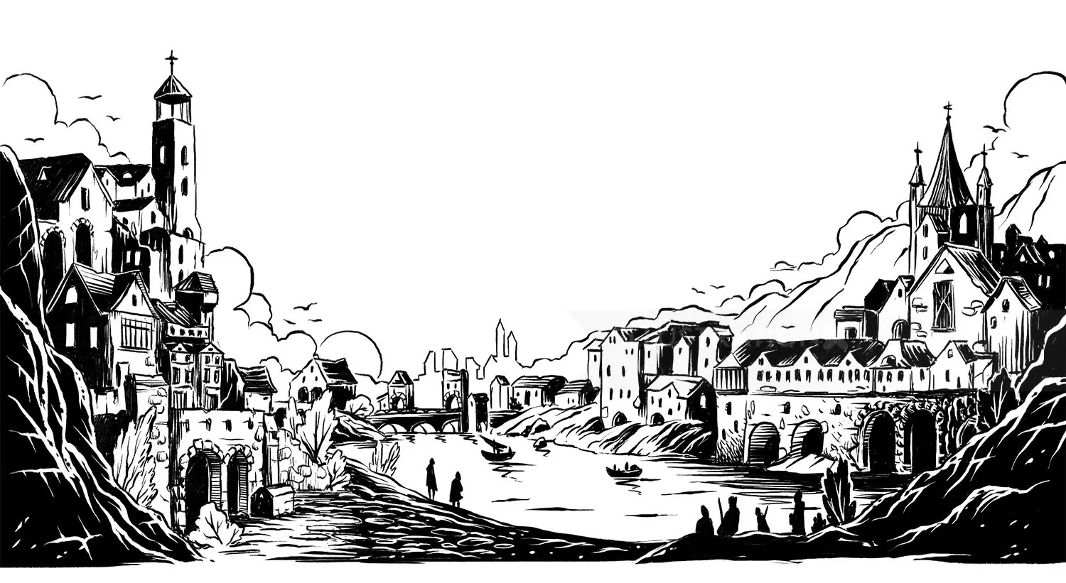 Historic riverside town with boats and old buildings in black and white.