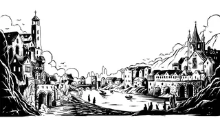 Historic riverside town with boats and old buildings in black and white.