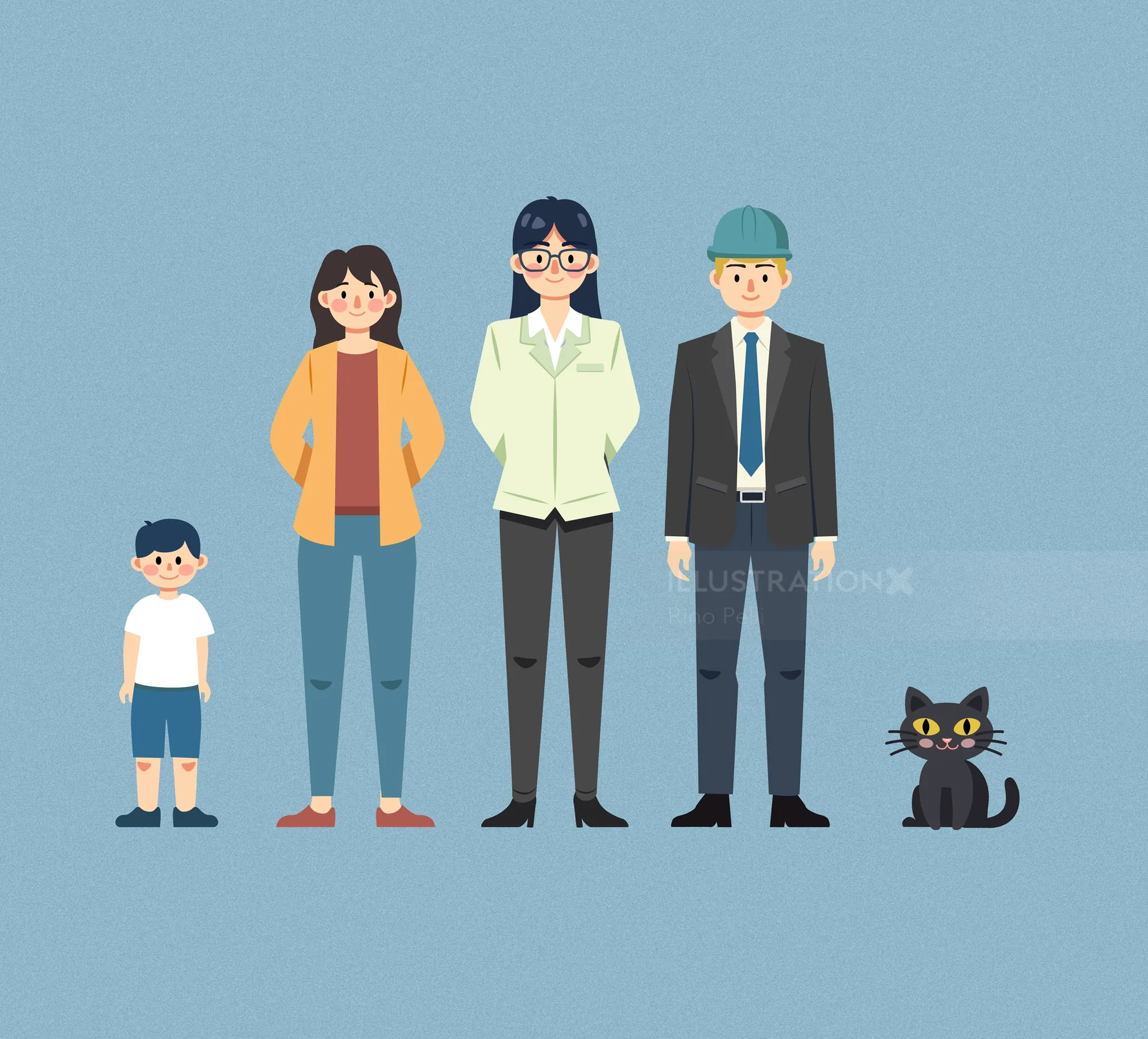 Stylized family with young boy, two adults, and black cat by Rino Pelli