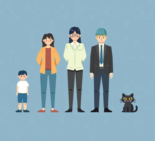 Stylized family with young boy, two adults, and black cat by Rino Pelli