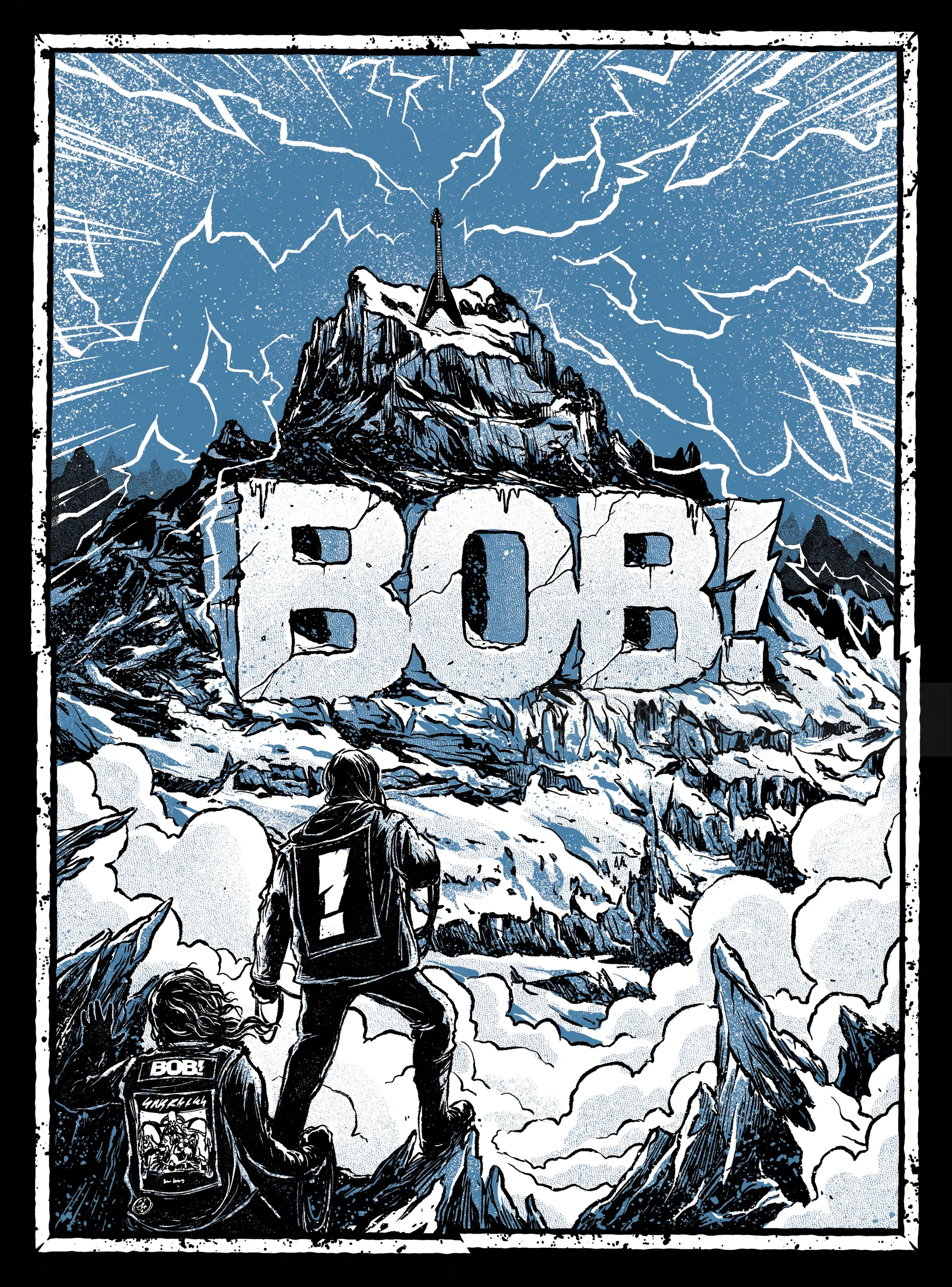 Two climbers face a mountain peak with large BOB text by Rino Pelli