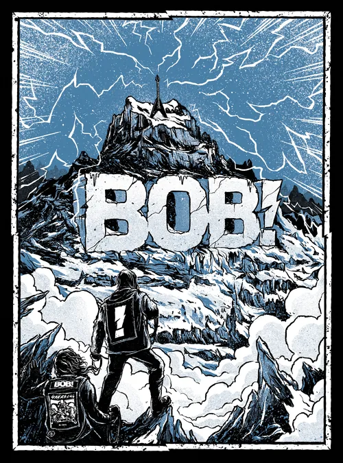 Two climbers face a mountain peak with large BOB text by Rino Pelli